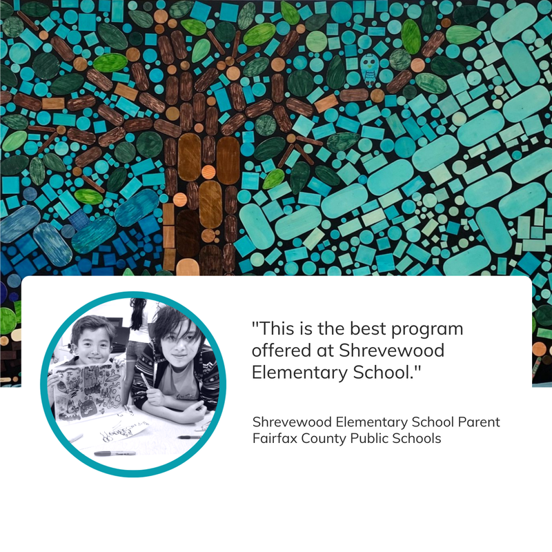 An image montage with a vibrant colorful mosaic of a tree in the background that Cultured Kids created with children during one of their youth programs, a black and white image of two children, and a quote form a parent who's child participated that says: 'This is the best program offered at Shrevewood Elementary School.