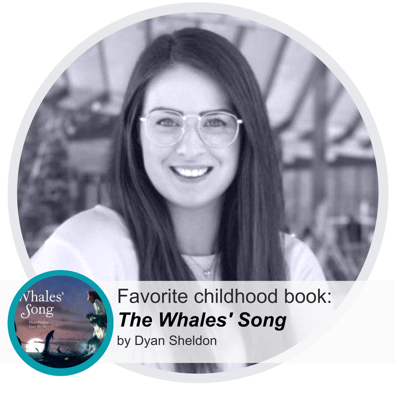 An image of Alyson Durant, Volunteer Consultant for Cultured Kids and Program Supervisor for Northern Virginia Family Services with her favorite childhood book: A Whale's Song by Dyan Sheldon.