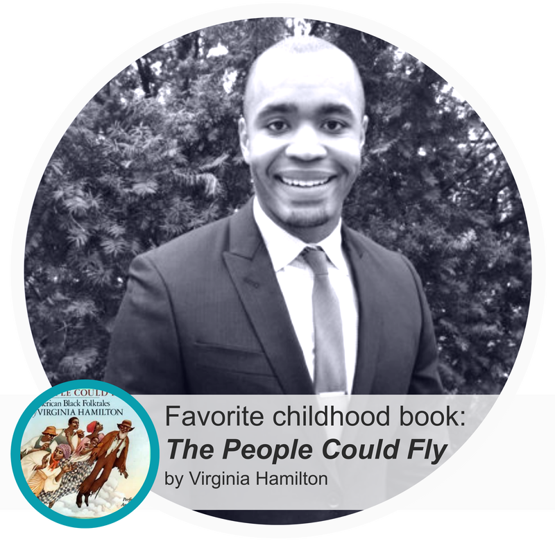 An image of Justin Coaxum, board member at Cultured Kids, and Technology Solutions Professional at Microsoft with his favorite childhood book: The People Could Fly by Virginia Hamilton. 