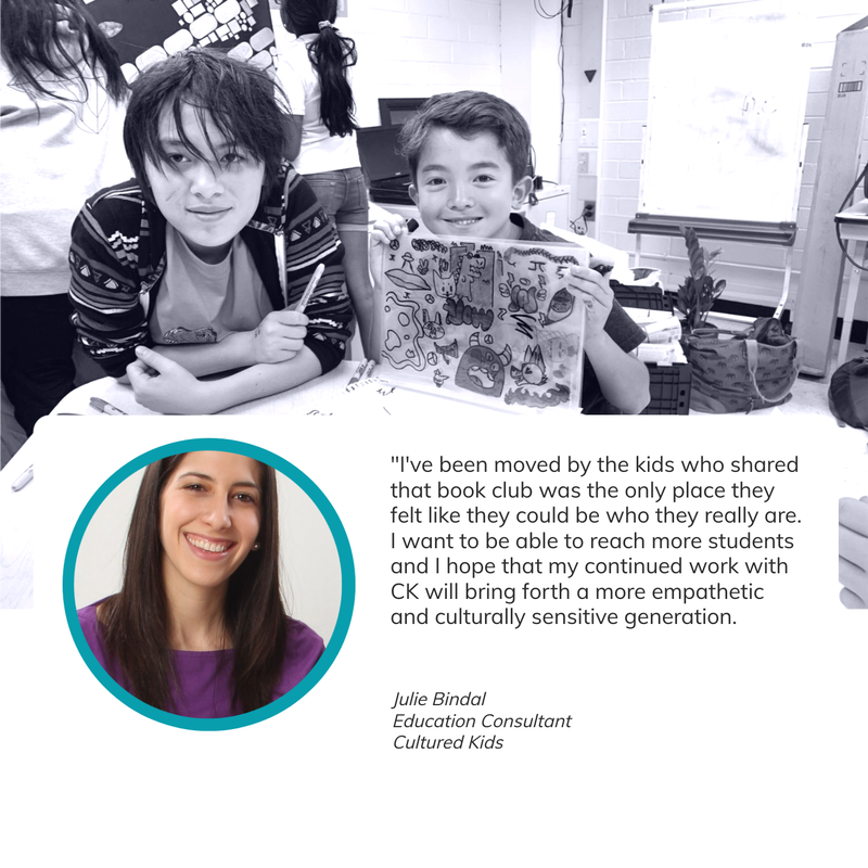 An image montage with a black and white image of children from one of our programs, a color image of a Cultured Kids volunteer, Julie Bindal, and a testimonial from her about working with Cultured Kids. 