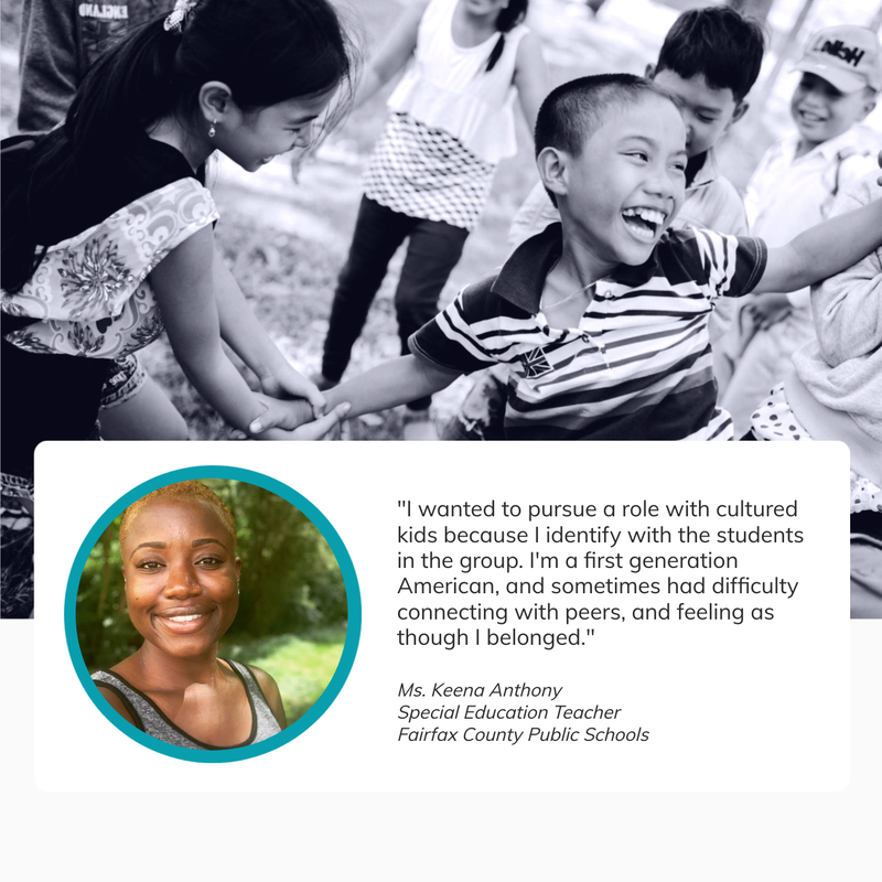 An image montage with a black and white image of children playing, a color image of one of Cultured Kids Education Ambassadors, Keena Anthony, and a testimonial from her about working with Cultured Kids. 