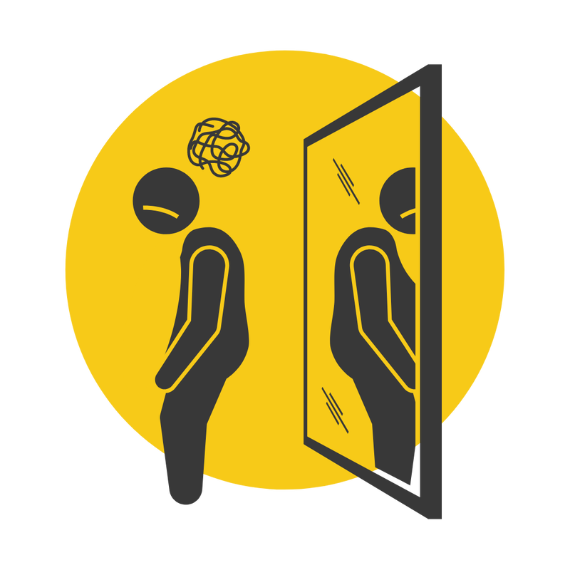 An icon of a person who is facing away from a mirror and looking sad. This icon is depicting low self-esteem.