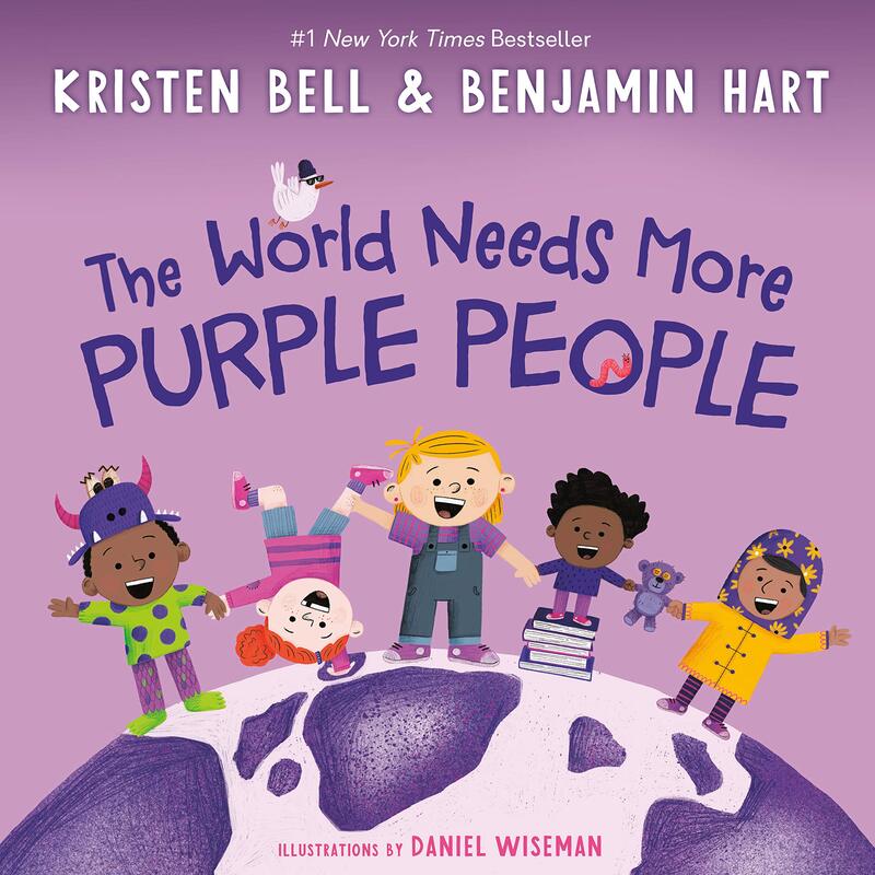 A picture of the cover of a children's book called The World Needs More Purple People. Written by Kristen Bell and Benjamin Hart