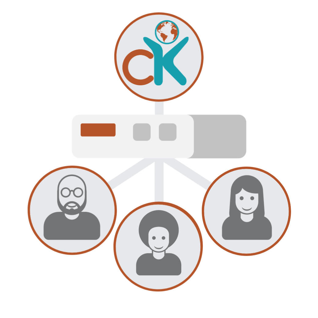 A color icon of three people working with Cultured Kids in a virtual space to receive the training and support needed to implement our programs at their school. 